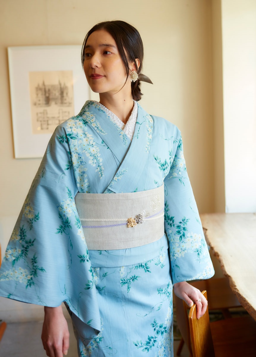 浴衣　風花　揺れる下り藤　灰青（ご予約受注品）