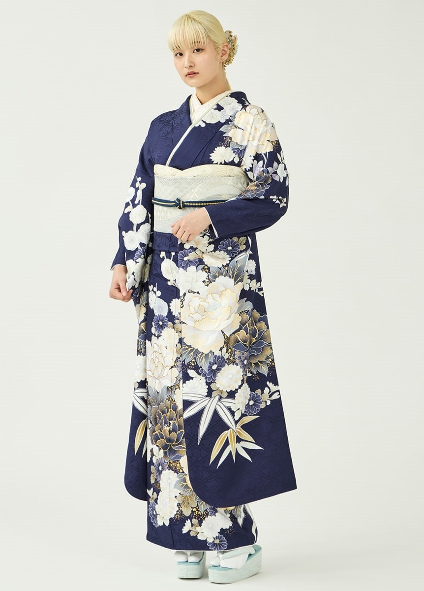 〈値下げ〉きものやまと　紺色 花柄 訪問着　着物＋帯＋長襦袢3点セット Furisode（Formal Kimono） | 振袖 | やまとオンラインストア